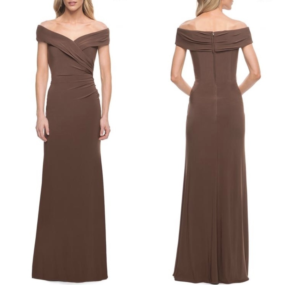 Nwt La Femme 27959 Off Shoulder Draped Ruched Full Length Gown In Cocoa Sz. 10